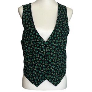 Vintage St Patricks Day Vest Button Up Satin Womens Large Graphic Shamrock Irish